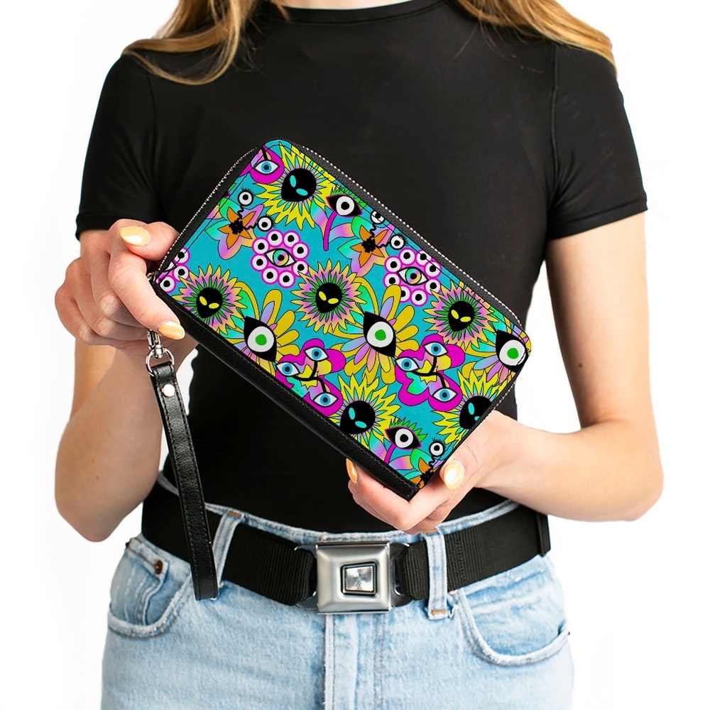 Funky Alien Flowers Aqua Blue/Multi Color PU Zip Around Rectangular Wallet